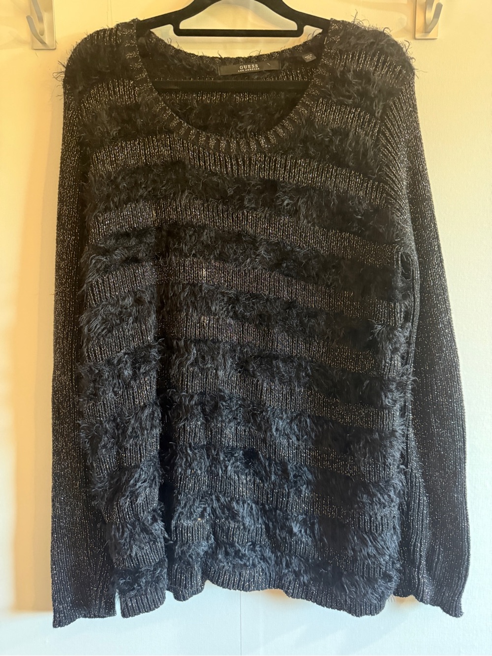 GUESS Black Metallic Eyelash Fuzzy Knit Sweater Size L Shimmer